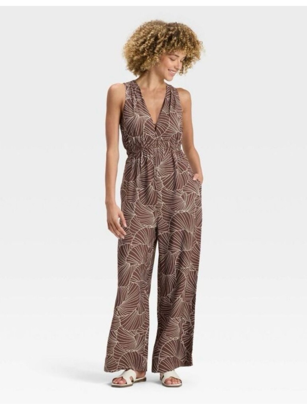 A New DaySleeveless V-Neck Wide-Leg Jumpsuit in Brown Leaf Print